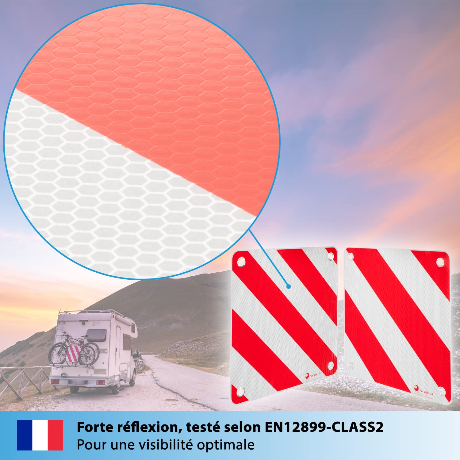 valonic Panneau de signalisation - 3en1 pour l'Italie, l'Espagne et le Portugal - 50x50cm, réfléchissant, pour camping-car, caravane, porte velo voiture