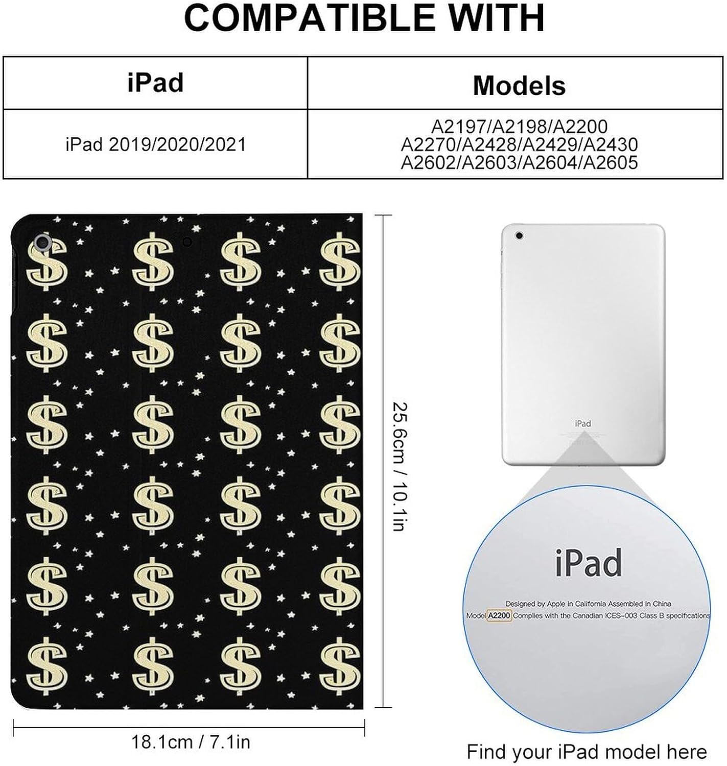 Money Symbol Print Printed Case Trifold Stand Protective Cover Compatible with ipad 2019/2020/2021(10.2in)