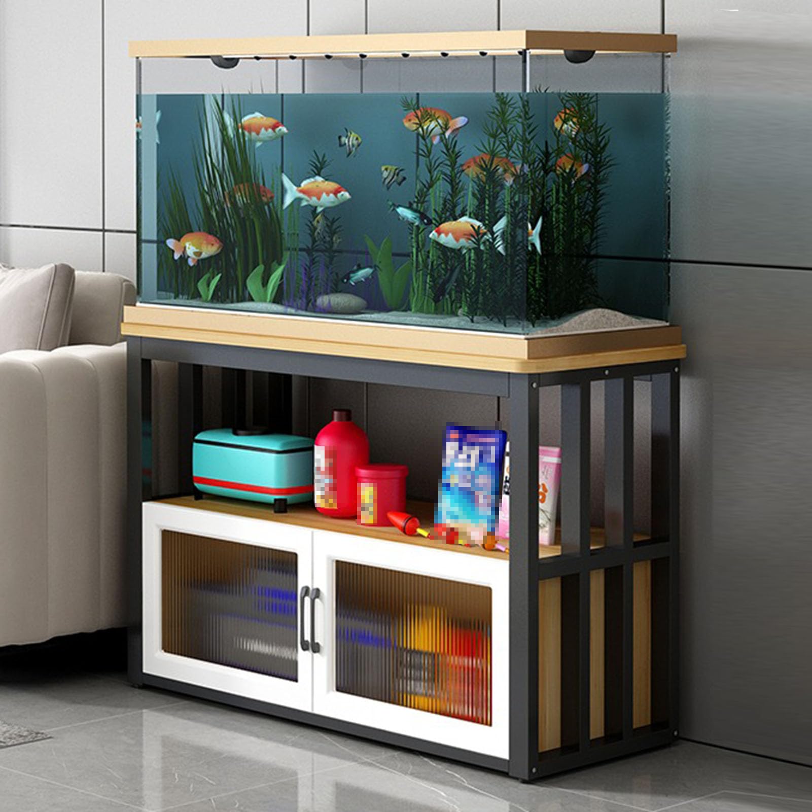 Supporto per Acquario in Metallo Resistente - Supporto a Tre Livelli, Adatto per rettili e Pesci d'Acqua Dolce, Tavolo per Acquario da Pavimento, Supporta Fino a 400 kg, Include vano Porta a