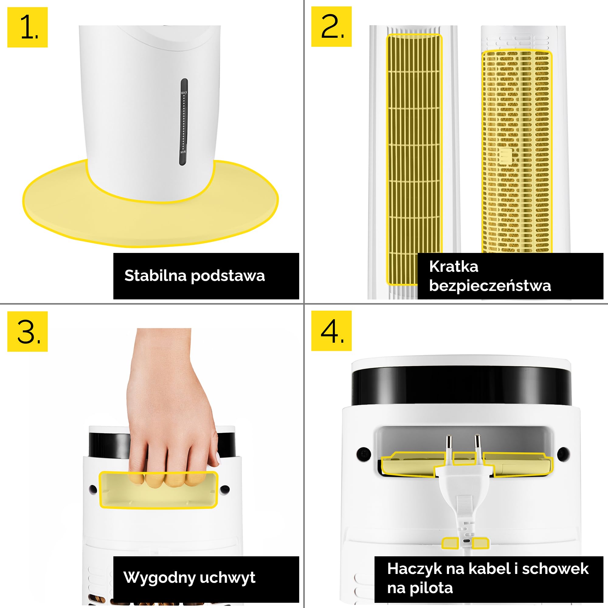 Yoer 33dB Cichy Klimator wodny przenośny 6w1, Wentylator kolumnowy, 60W, 10m Zasięg nawiewi, 2x szybsze chłodzenie, Nawilżanie powietrza, Aromaterapia, Jonizacja, 90° Oscylacja, Cascado TFC06W, biały