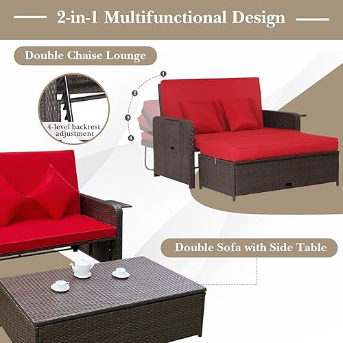 Miniatura 9 de COSTWAY Patio Rattan Loveseat Set Daybed Lounge Almacenamiento Otomano Mesas Laterales Ajustar Rojo