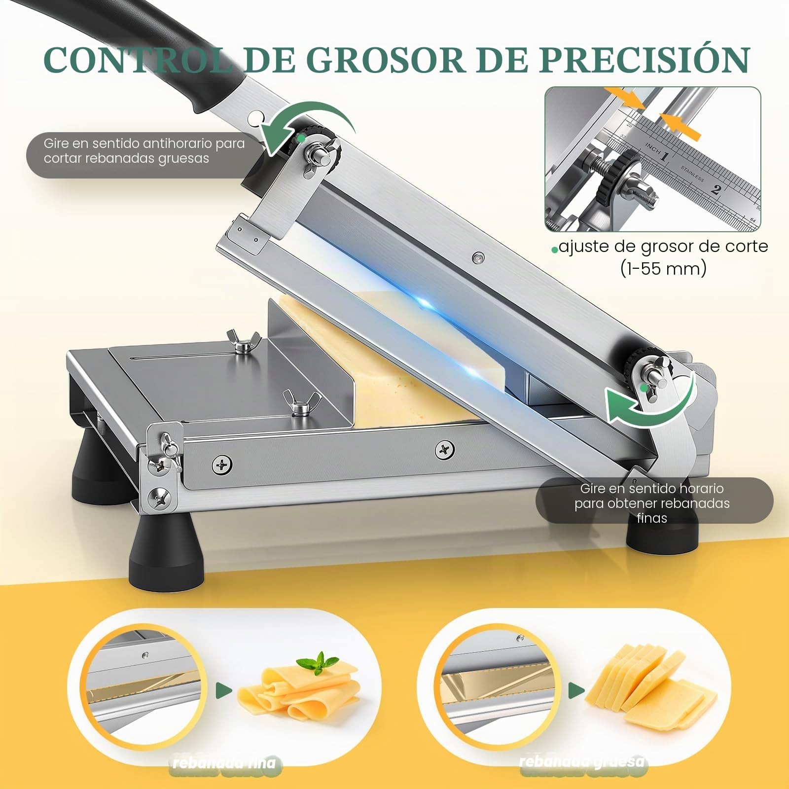 Huanyu Corte de Queso Rebanadora Manual Ajustable de 1-55mm de Grosor para Queso en Bloque Rebanadora Multifuncional de Alimentos para Mantequilla, Pan, Embutidos y Verduras