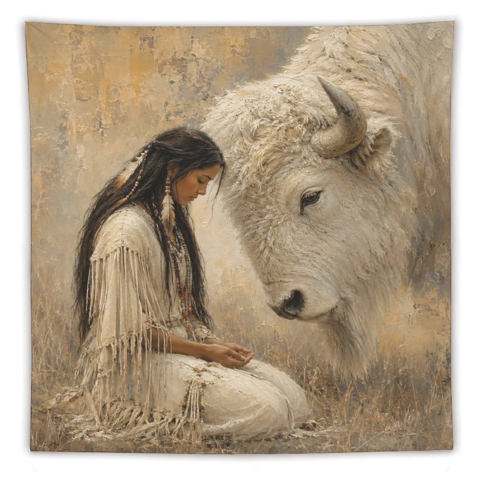 H3B8U2Y5 White Buffalo Woman Oil Style Wall Tapestry, Open Grassland