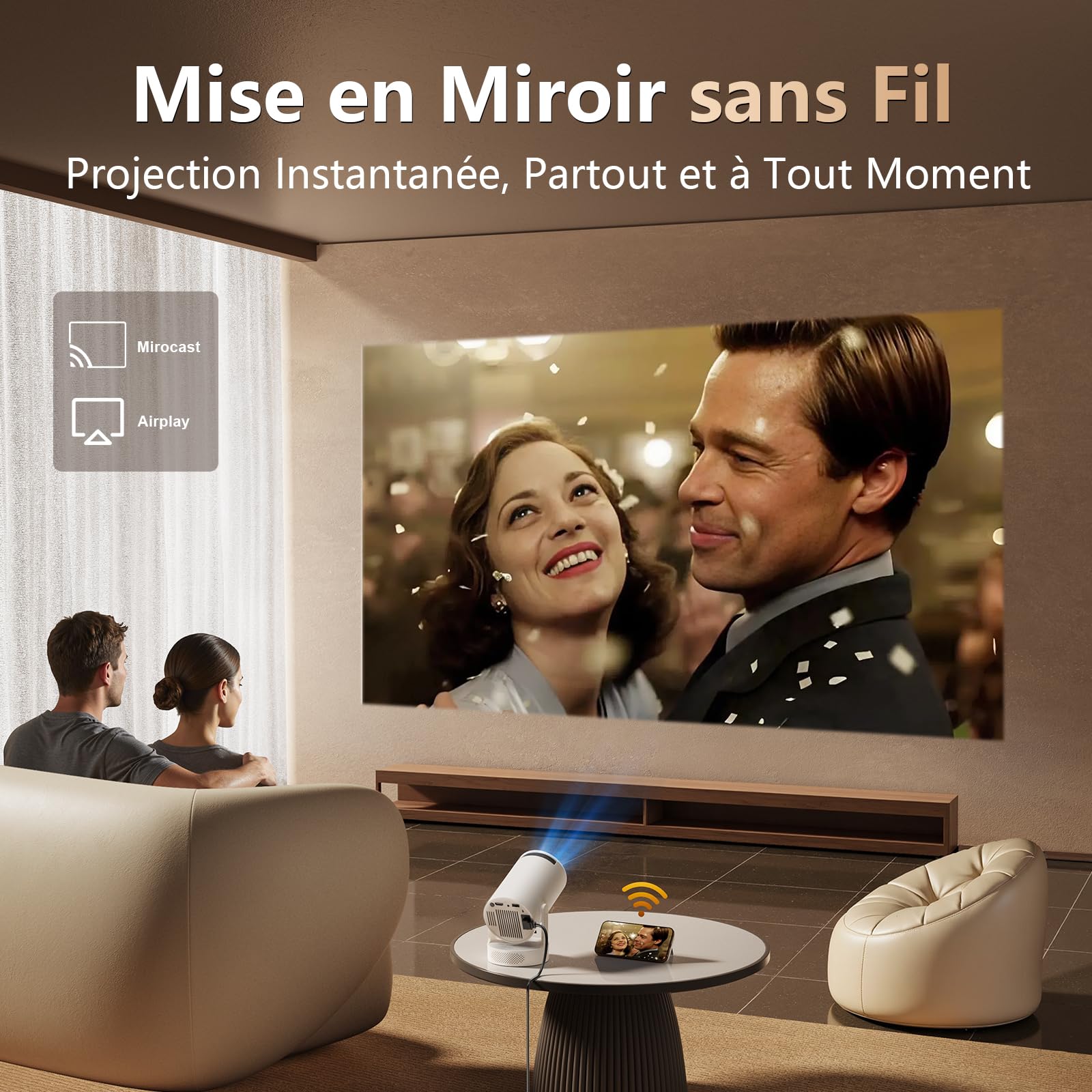 Mini Projecteur Intelligent, Projecteur Vidéo Hi-FI avec Prise en Charge de la 4K 1080P, 300 Lumens ANSI, WIFI6 et Bluetooth et Projecteur à Correction Automatique pour Cinéma à Domicile