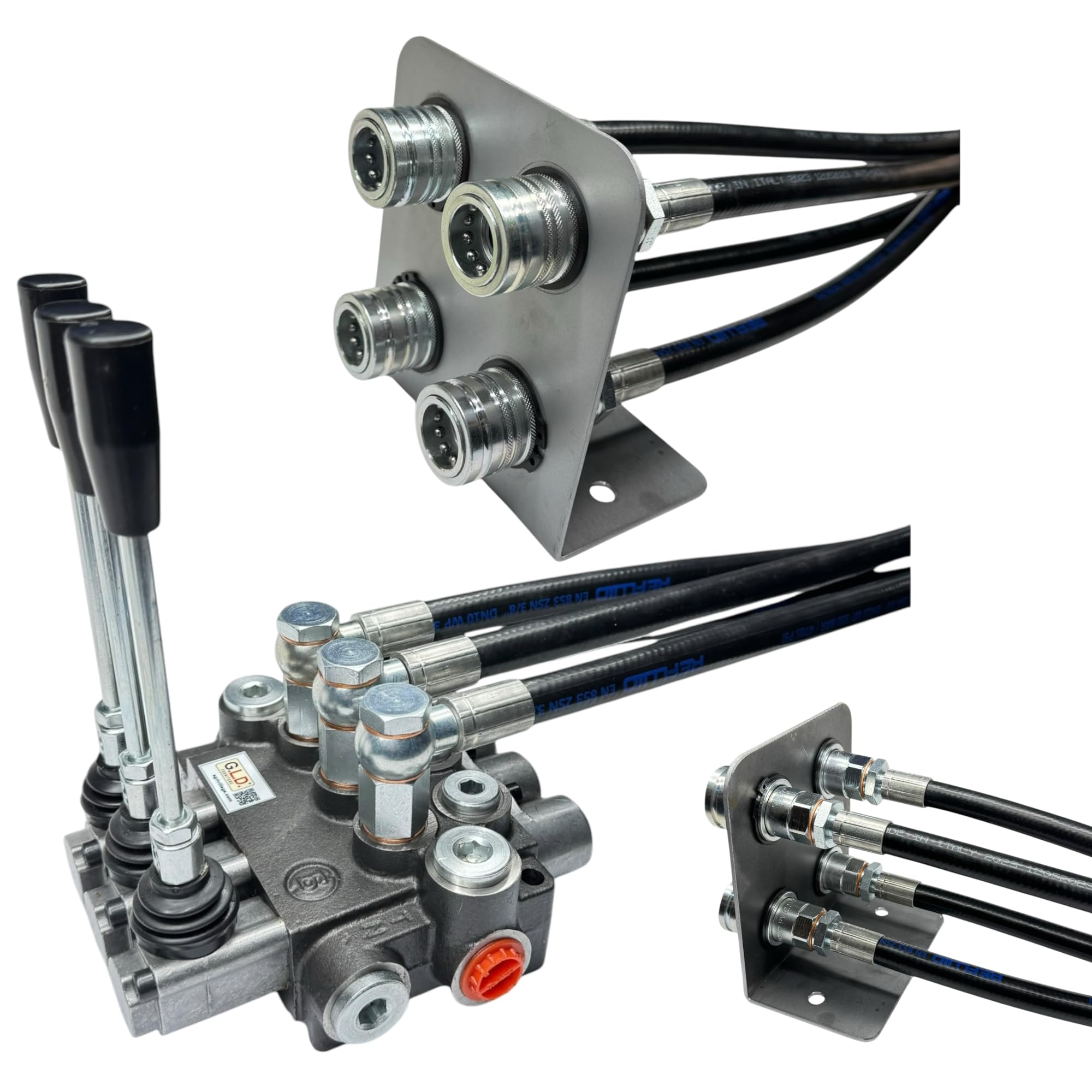 Distributore oleodinamico per trattore 3 leve - 1 doppio effetto 2 semplice effetto 3/8" completo di tubi e innesti rapidi push pull