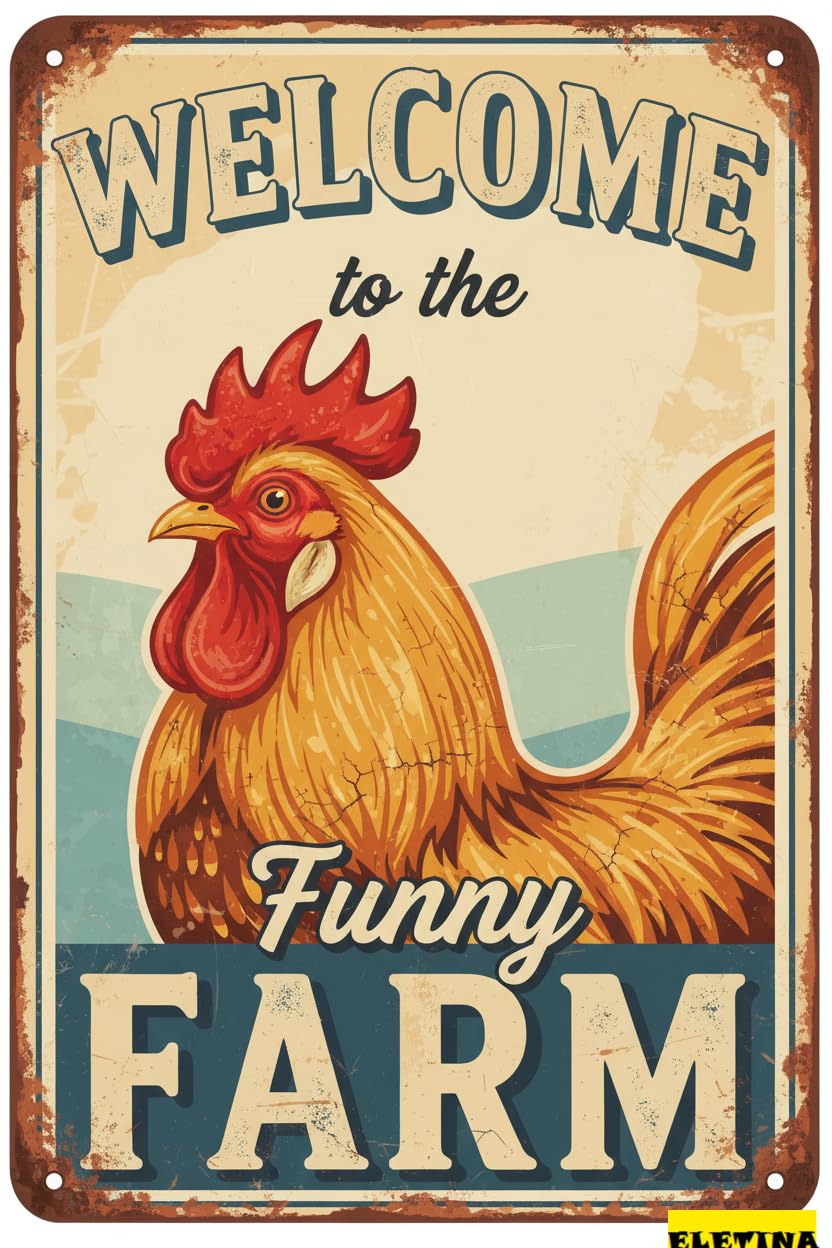Vintage Metal Tin Sign for Chicken Gifts Rooster Dcor Welcome To The Funny Farm Rustic Home Farm Chicken Coop Decor 8x12 Inch (9705) Private Property Decorative