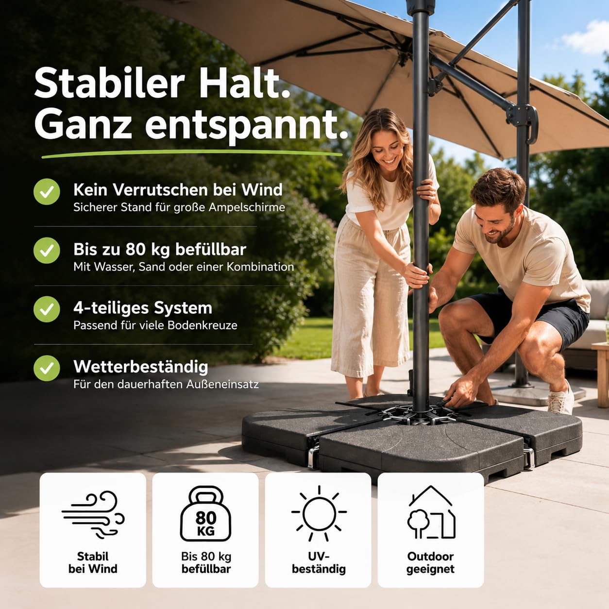 Pied de parasol pour parasol déporté - Poids remplissables pour croix de sol en plastique - Pied de parasol pour parasol - Pied de parasol déporté (4 pièces jusqu'à 80 kg, plastique)