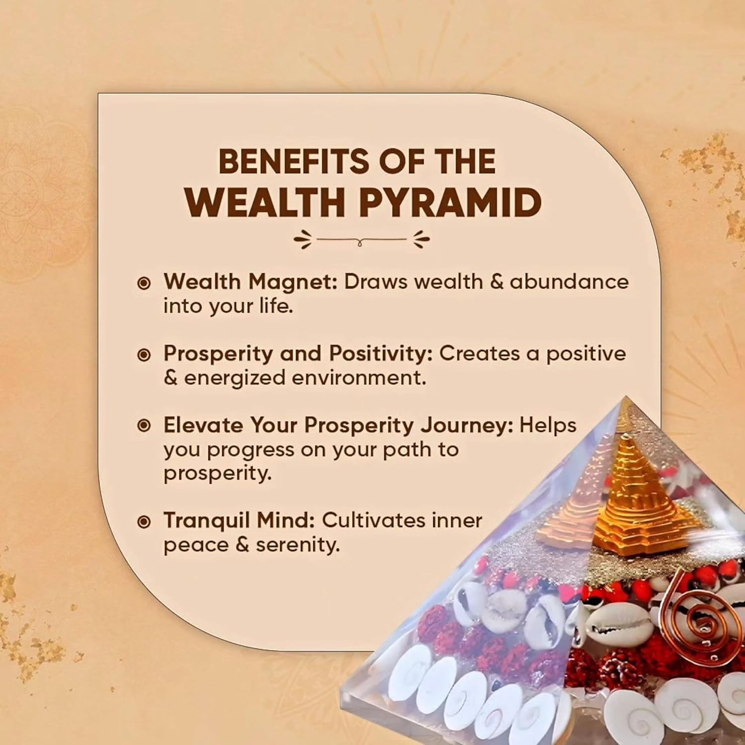 ONISHOMES Laxmi Pyramid for Spiritual Growth Wealth Enhancer with Shree Yantra Decorative Showpiece,Vastu Pyramid with Rudraksha, Shree Yantra, Gomati Chakra, White Kauri & Ratti Seeds for Prosperity 3