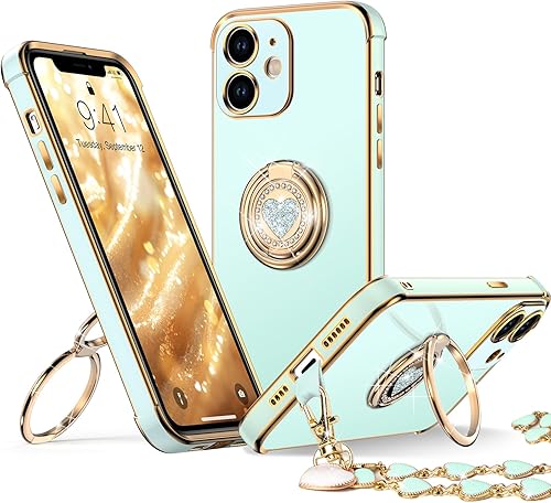 Miniatura 30 de XYZ Funda para iPhone 14 con soporte, funda para teléfono con soporte de doble anillo, para mujeres y niñas, funda transparente con purpurina de Oro