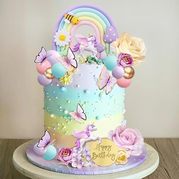 Gâteau Décoration Licorne, 38 Pièces Licorne Cake Topper Set avec 3D Licorne Figurines, Arc En Ciel, Boule, Fleur et Papillons, Topper de Gâteau, Licornes Décoration Gâteau Anniversaire Fille - 4