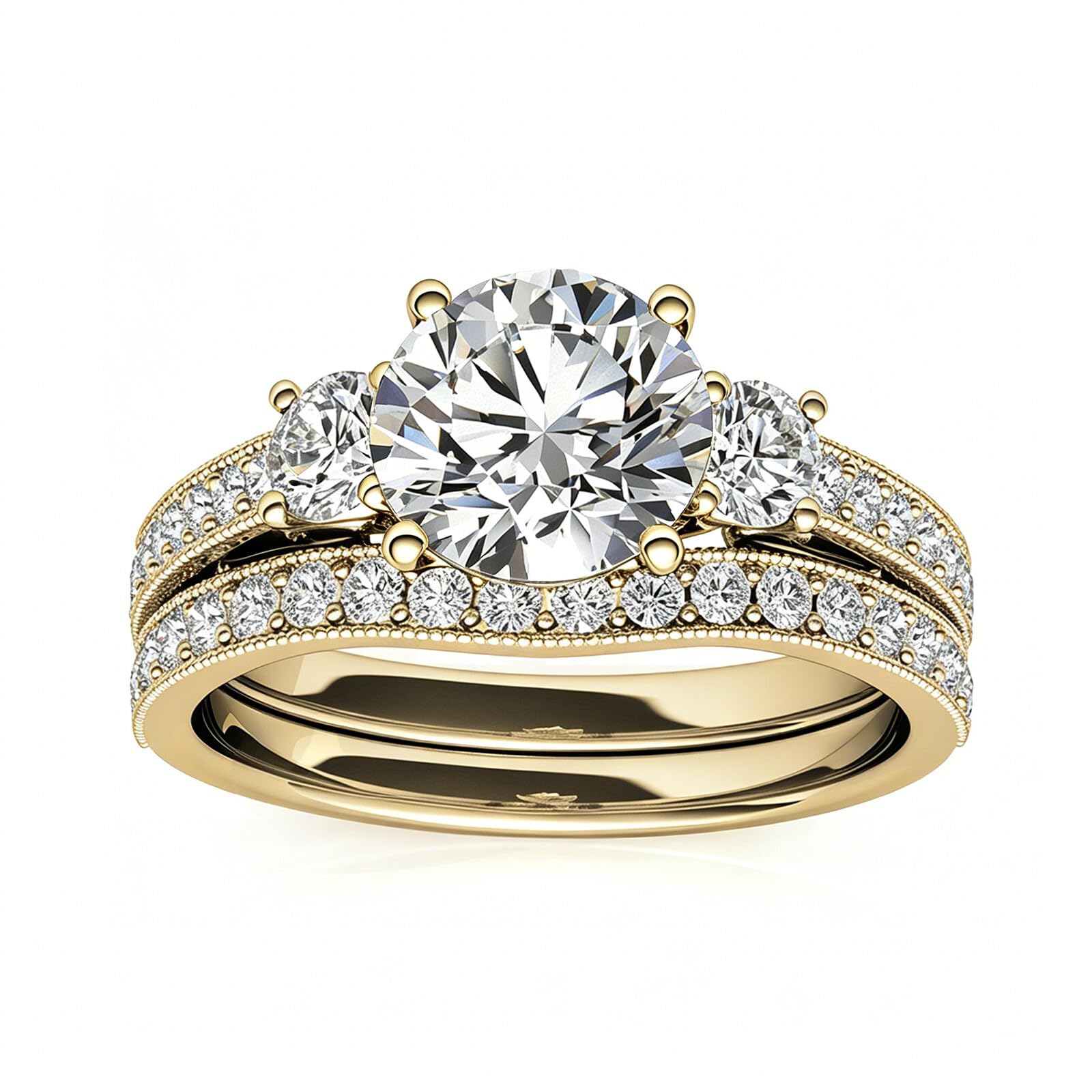 2CTW 18K Gold 3 Stone Moissanite Rings Set D Color VVS1 Round Cut Engagement Promise Ring Wedding Anniversary Jewelry Gifts for Women Wife (Customization Accepted)