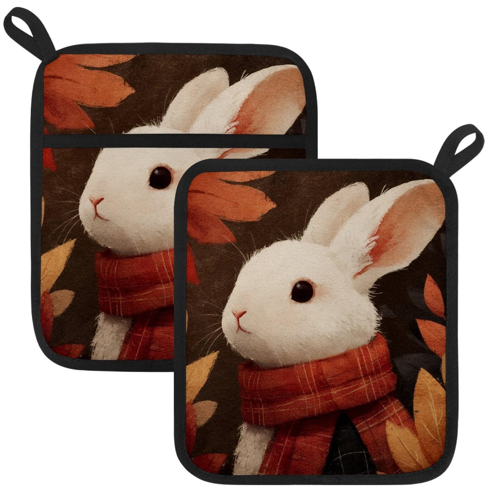 VAPOKF Maple Leaf Rabbit Pot Holders with Pocket for Kitchen Heat Resistant Potholders Large Polyester-Cotton Square Oven Mitts Set