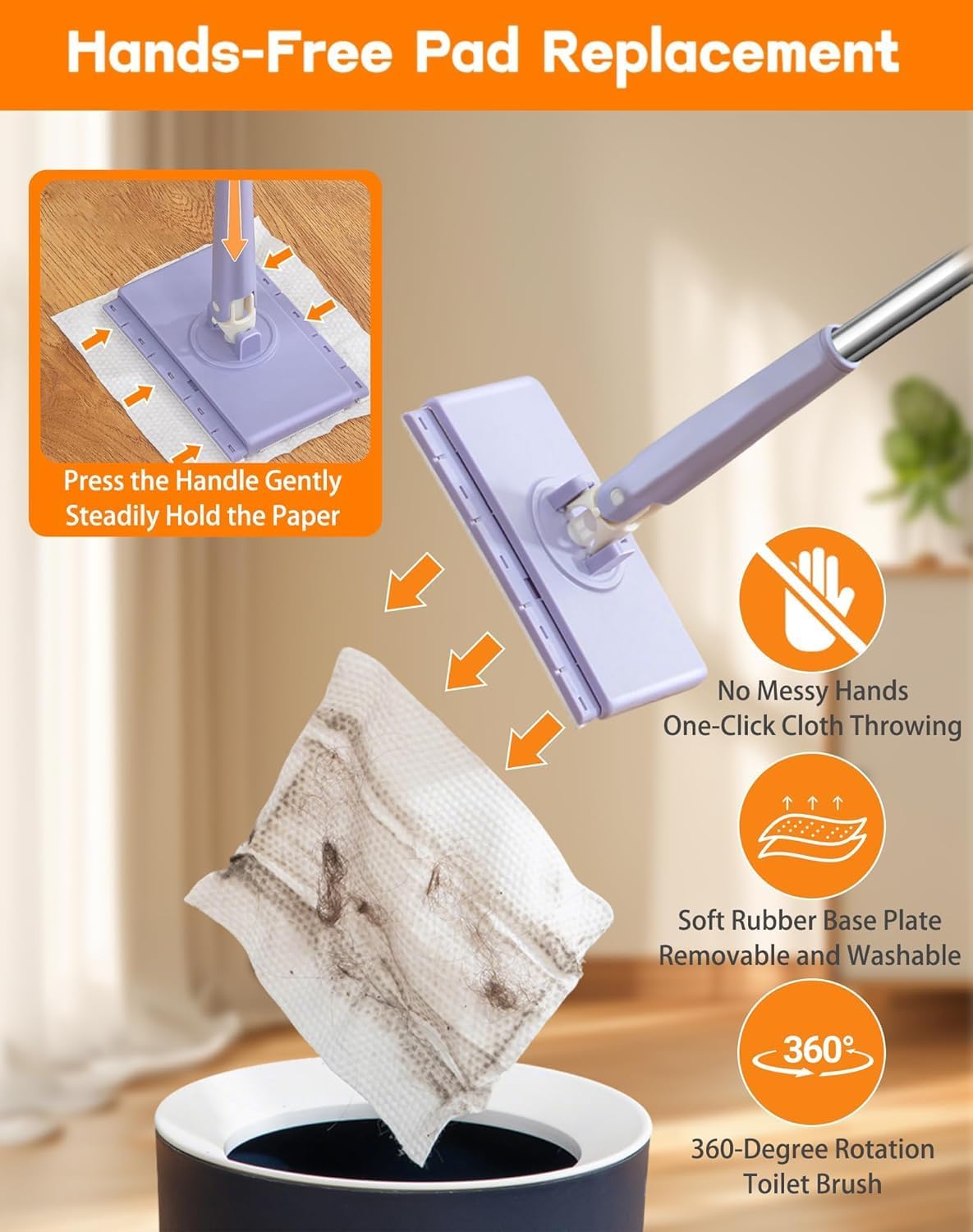 Snap Grip Mini Mop, Zero Touch Mini Mops, Gap Dust Cleaner Flat Mops with Locking Head & Sweeping Cloths, 92cm Long Handle Mopping Sweeper Stick for Multi Cleaning (1*mop+5*Cloth)