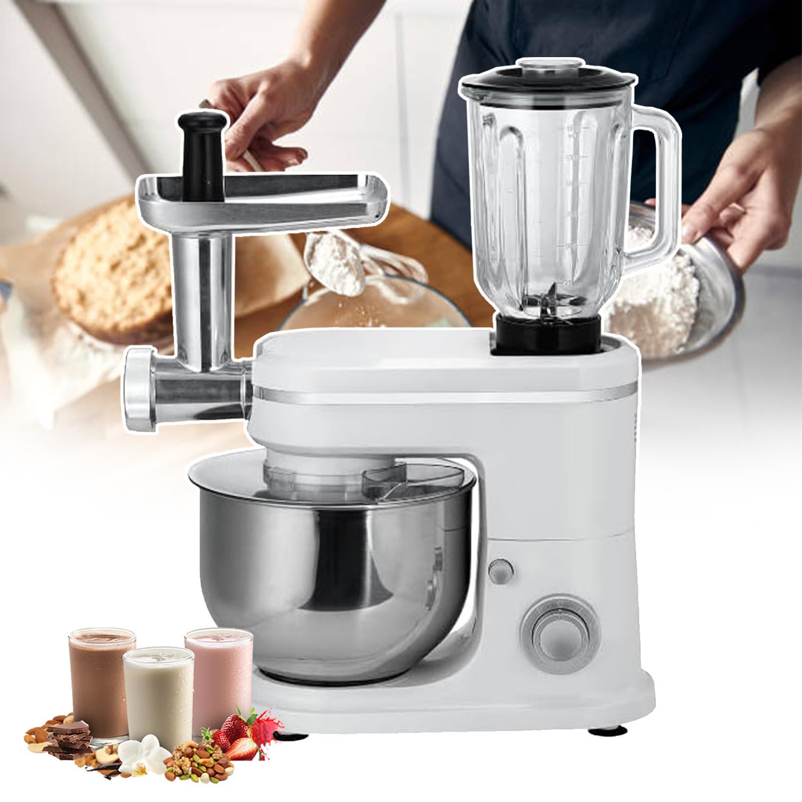 Impastatrice Planetaria 3 in 1, 6 velocità di Regolazione, Impastatrice Elettrica da Cucina con Gancio per Impastare, Frusta A Filo E Frusta, Tritacarne, Frullatore, per Pasticcerie