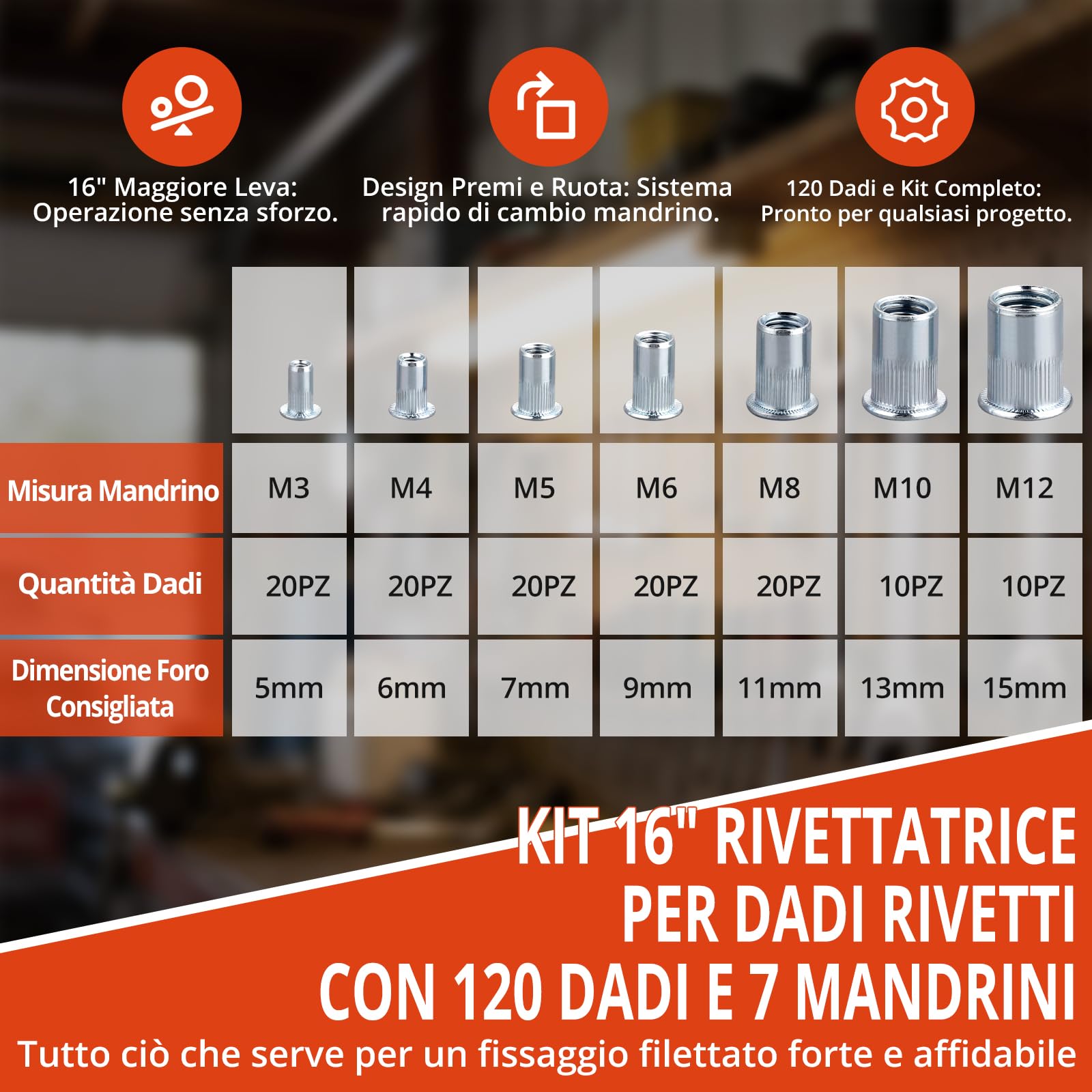 GETLITOOL Set 16-Inch Rivettatrice Professionale per Impieghi Gravosi con 7 Mandrini e 120 Dadi M3 M4 M5 M6 M8 M10 M12, Pistola Manuale a Dadi Rivetti con Valigetta per Garage Officine
