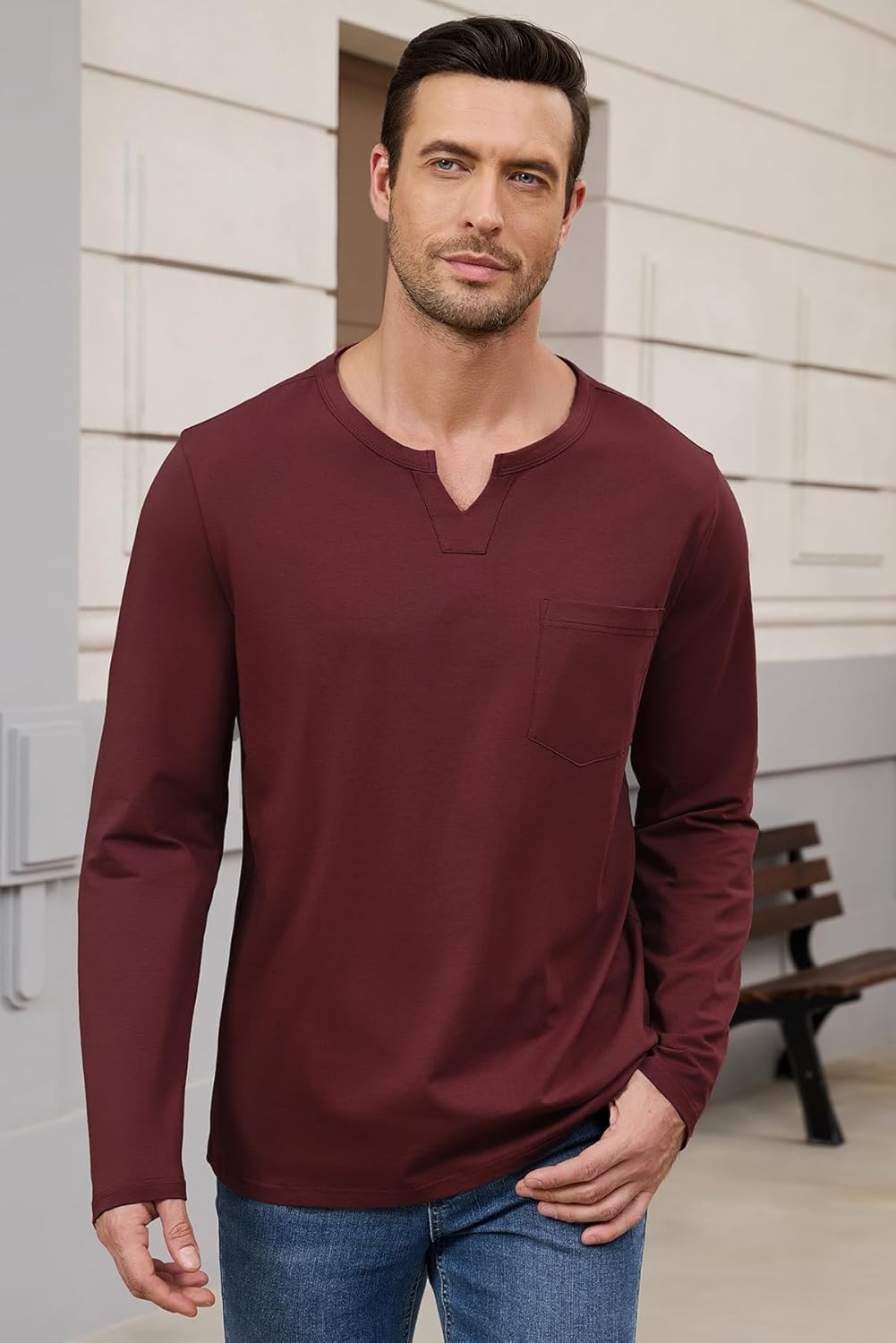 Men's Casual Cotton V Neck Long Sleeve T-Shirts Solid Fall Pullover Basic Tee Tops with Pocket Burgundy XL - Image 3