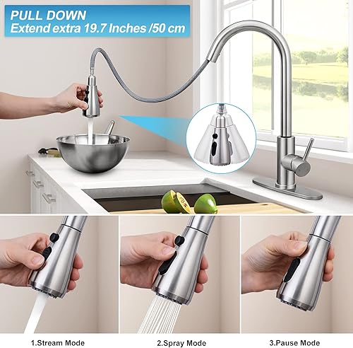 Miniatura 6 de Qomolangma - Grifo de fregadero de cocina con rociador desplegable, de una sola manija con diseño de arco alto, de acero inoxidable, con rociador