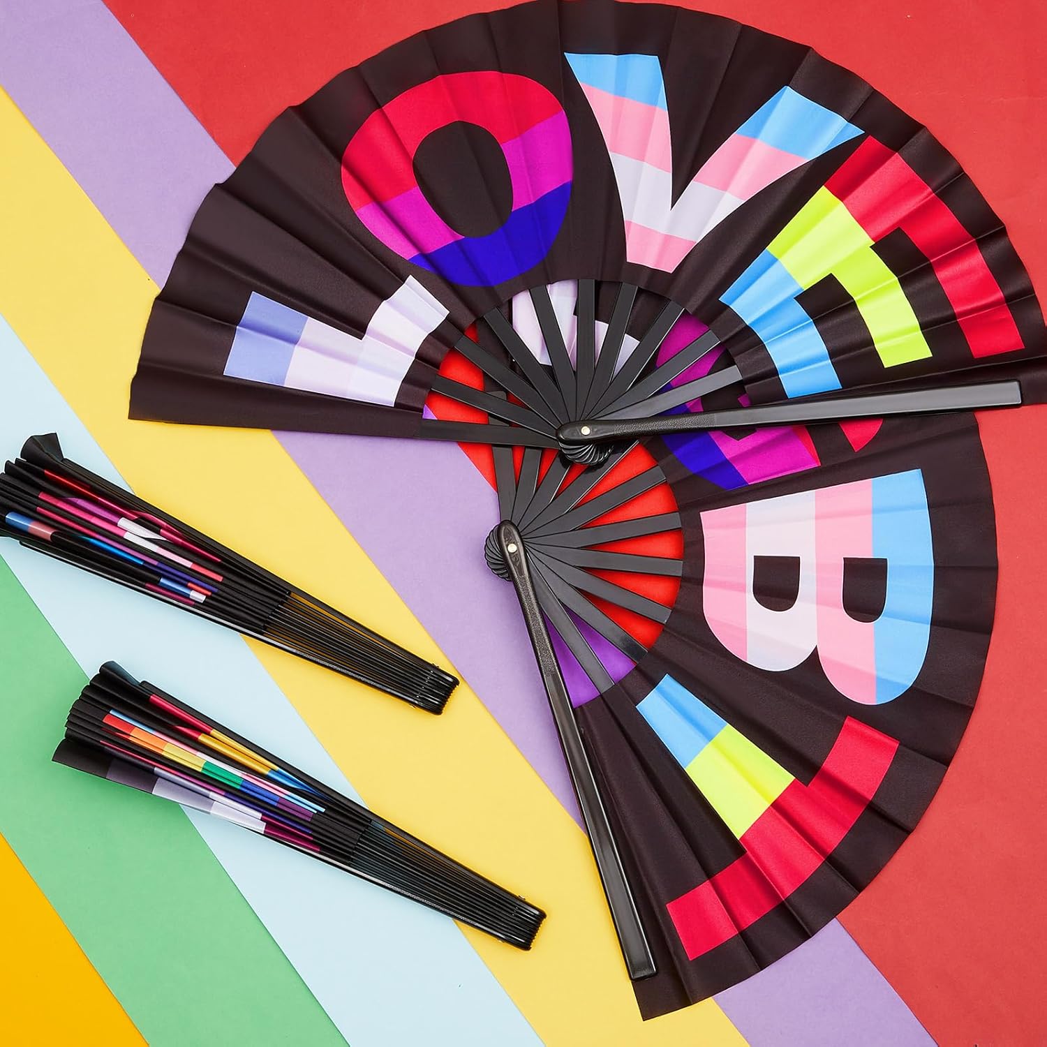 12 Pcs Large Pride Rainbow Hand Rave Fan Colorful Gay Hand Stuff Pride Accessories Foldable Rave Fan for LGBTQIA+ Women Men for Parade Rainbow Wedding Party Decors (Classic Style)