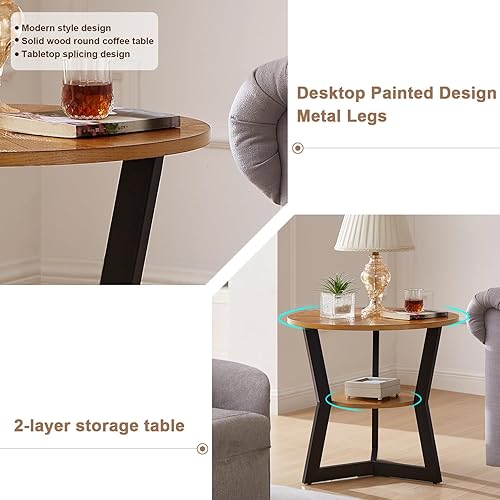 Miniatura 5 de Mesa auxiliar, mesa auxiliar redonda de madera para sala de estar con mesa de 2 niveles con estante de almacenamiento, diseño de soporte triangular