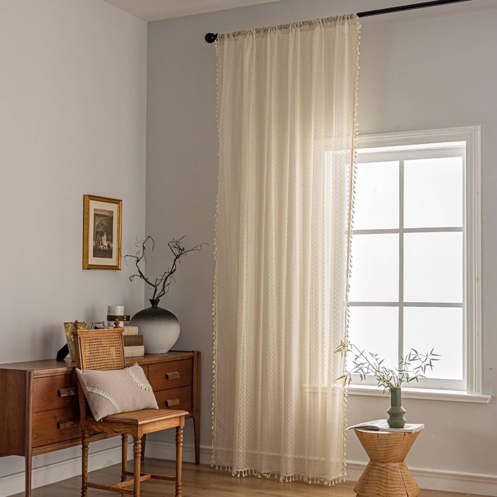 Beydodo Tende trasparenti per finestre, lunghe 274 cm, semi velate, filtranti la luce, set di 2 pannelli, in poliestere, con occhielli, grigio tinta unita con jacquard floreale, 137 x 274 cm