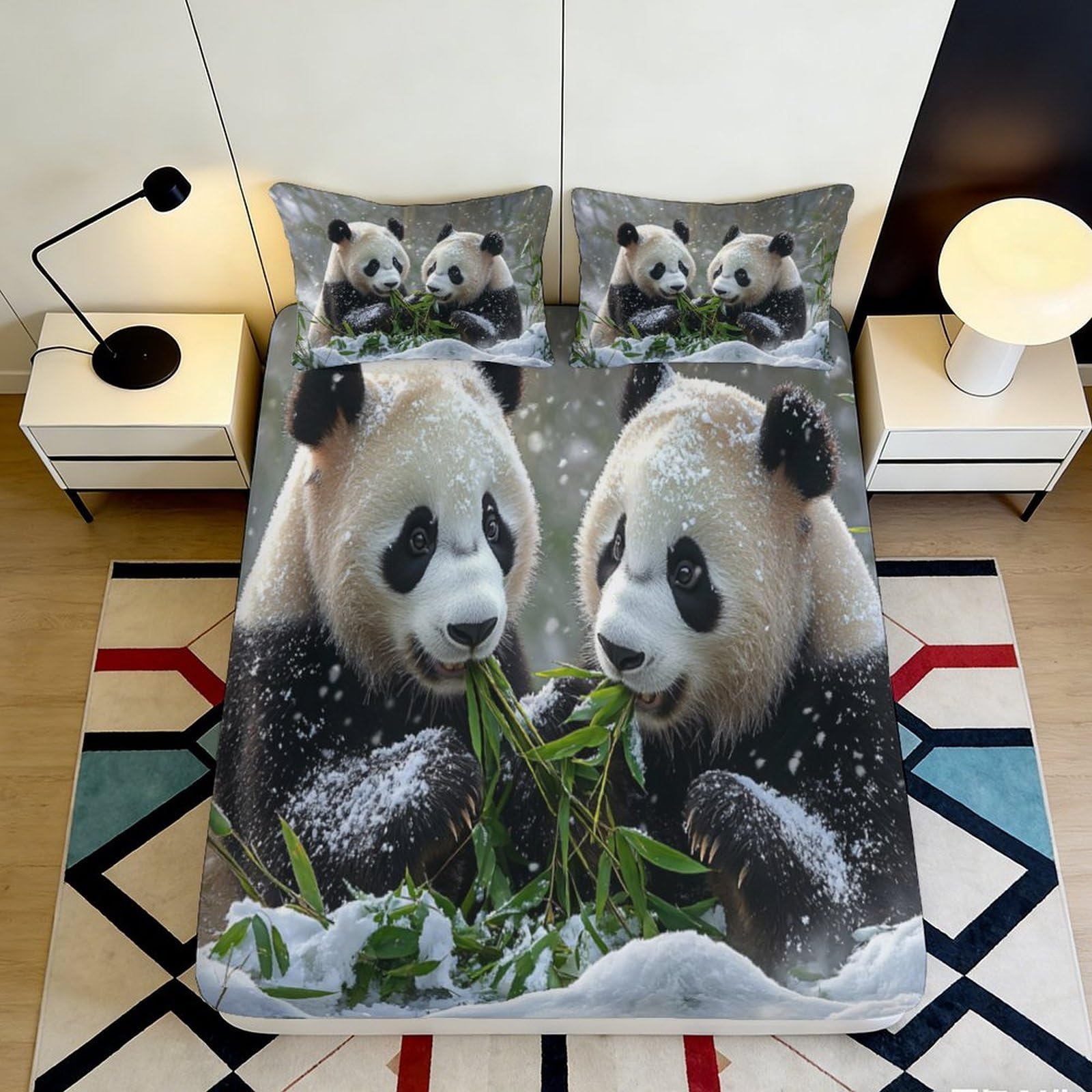3D Printed Snowy Panda Fitted Sheet Microfiber Soft Breathable Bamboo Panda Mattress Cover for Bedroom Dorm Decor 140x200x25cm