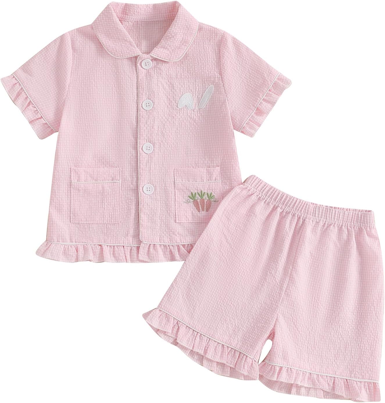 Baby Girl Ruffle Pajamas Set Short Sleeve Button Shirt Top Shorts 2 Piece PJ Set Toddler Sleepwear