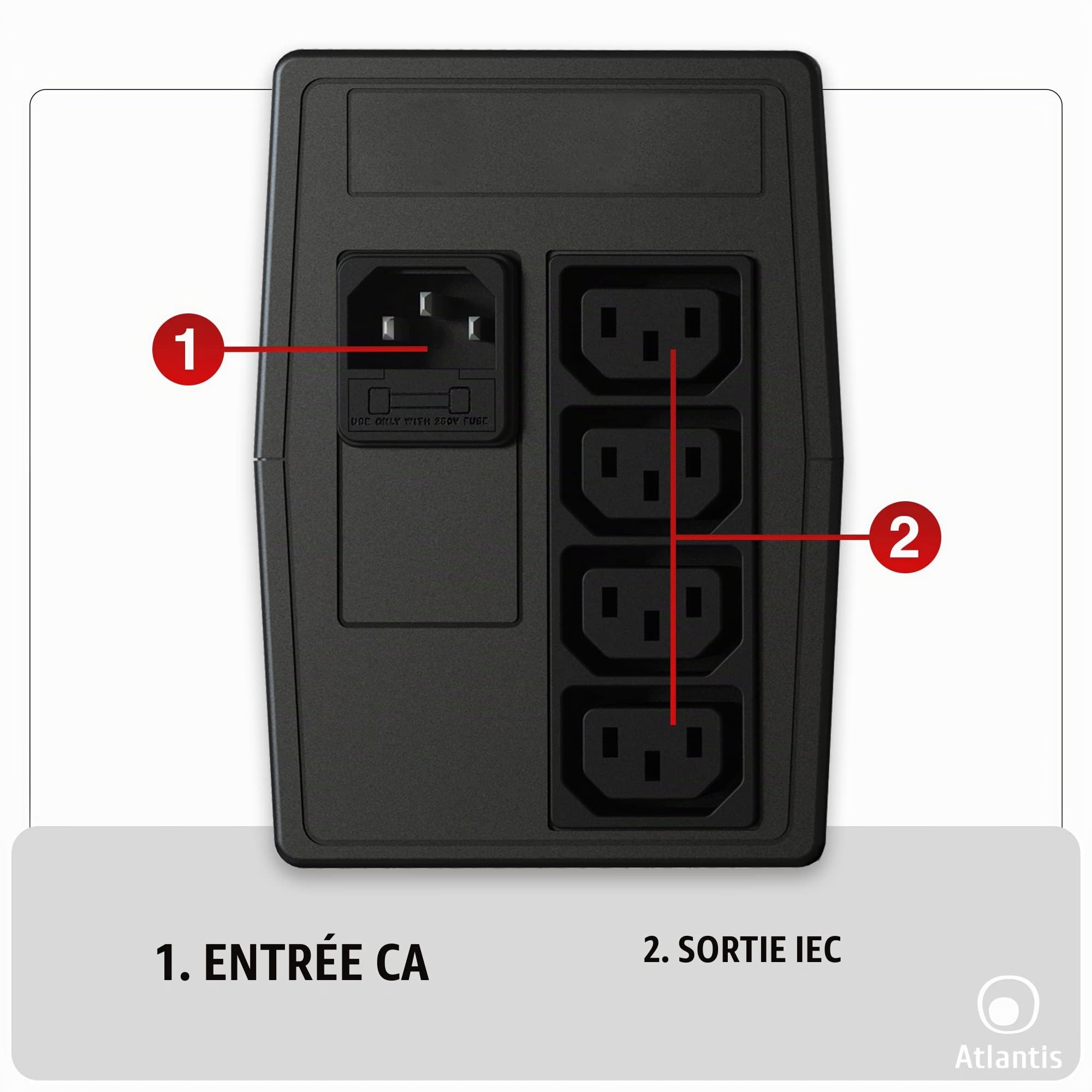 Atlantis onduleur UPS Line Interactive 800VA/400W Batt. 12V 7Ah | Stabilisateur de tension AVR à 3 étages, Onde pseudo-sinusoïdale, 4 prises IEC, réf. A03-PX800