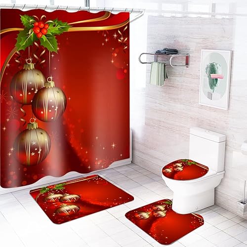 Juego de 4 cortinas de ducha de Navidad con alfombras, cubierta de tapa de inodoro, cortina de ducha de Navidad 3D con 12 ganchos, cortina de ducha