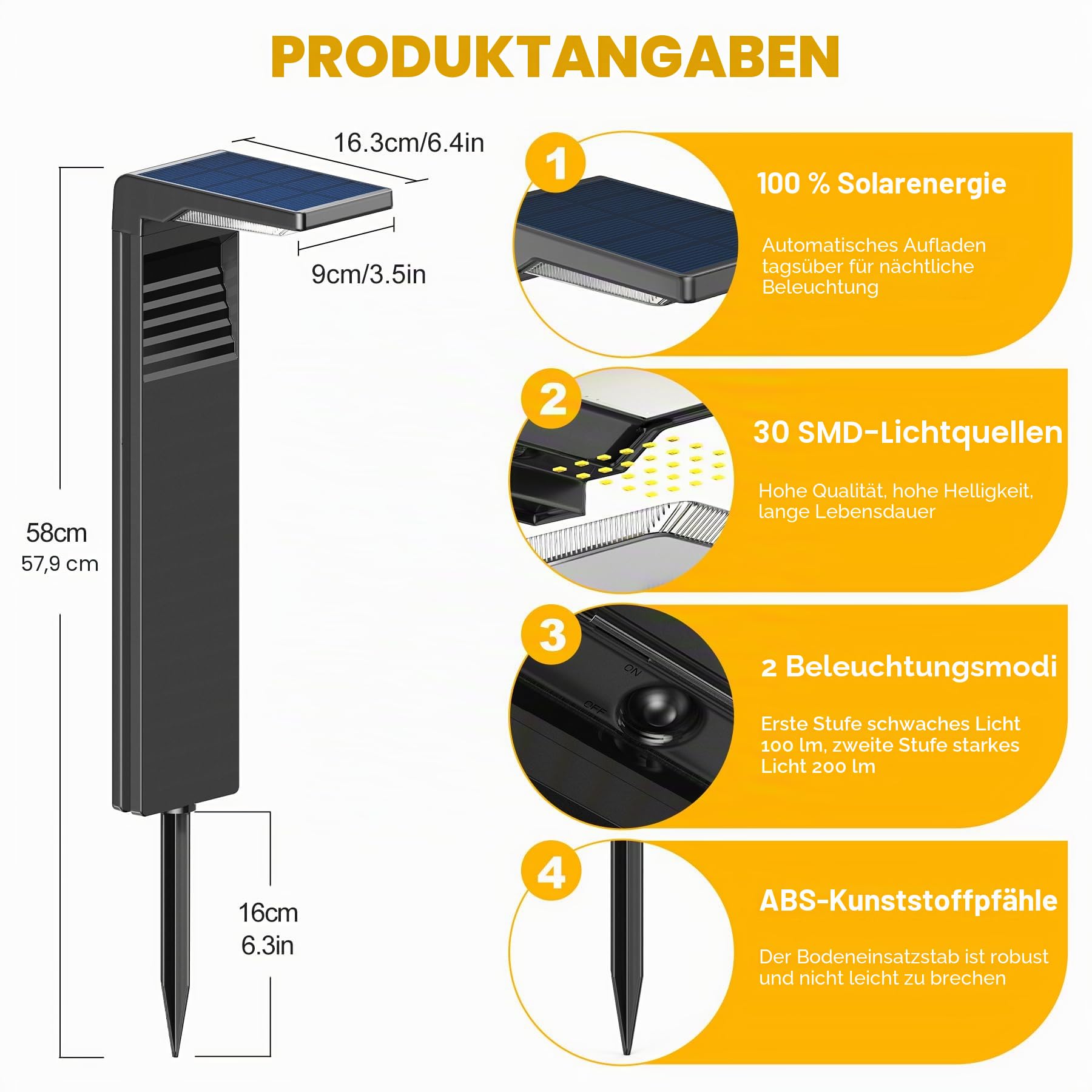 LED Solarleuchte für Außen mit 2 Helligkeitsmodi, Solar Beleuchtung Naturweiß für Weg IP64 Wasserdicht für Außen Hinterhof Garten Rasenbeleuchtung 4 Stück