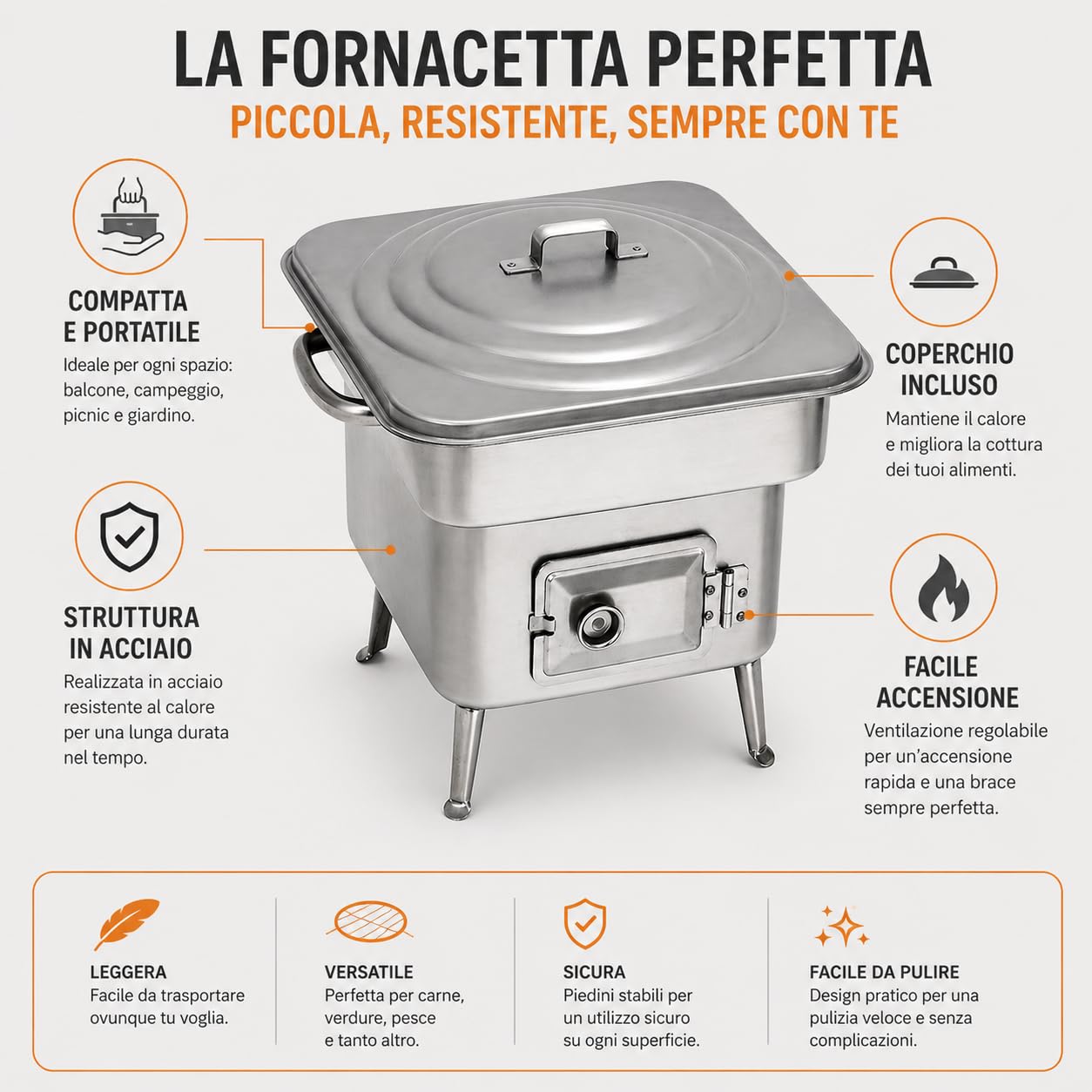 Barbecue a Carbonella Acciaio – Fornacella Piccola BBQ Portatile Griglia Brace per Giardino Terrazza Camping – Carbonella e Legna – Grigliata Famiglia Outdoor