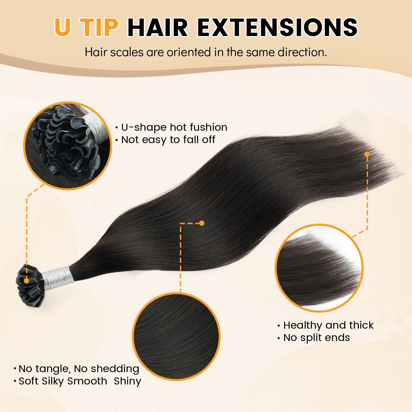 Yuniffe U Tip Hair Extensions - Real Human Remy Straight Hair, Hot Fusion Nail Tip Keratin Extensions, Off Black, 20 Inch, 50g/50s - Image 3