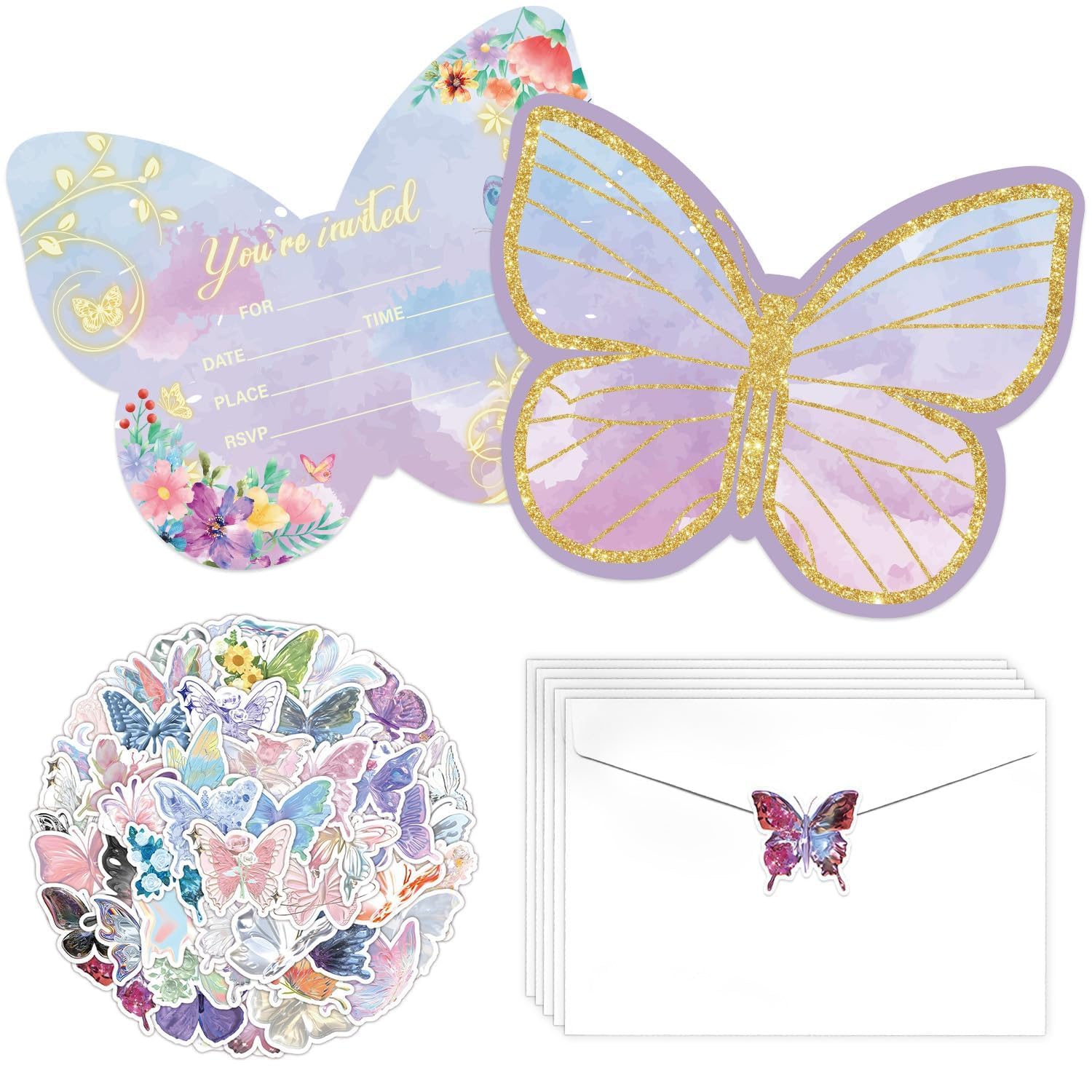 AJINXIN 20 Sets Butterfly Birthday Invitations with Envelopes and Stickers for Girls Butterfly Theme Birthday Party,Baby Shower Wedding, 120 x 150 mm