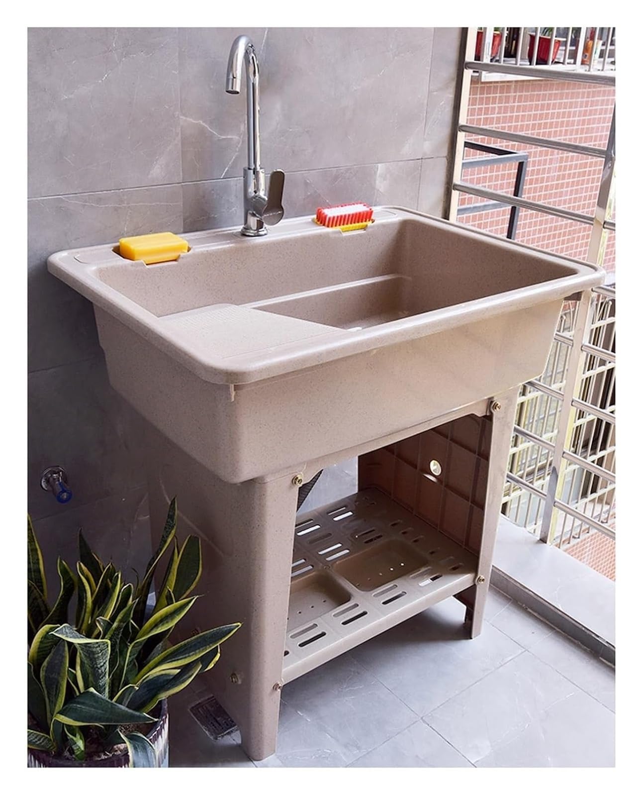 ZCXMNL Utility Sink Laundry Tub With Faucet, Freestanding With Stainless Steel,Indoor Outdoor With Cold And Hot Water, Garden Sinks For Backyard(Brown,65x56x80cm)