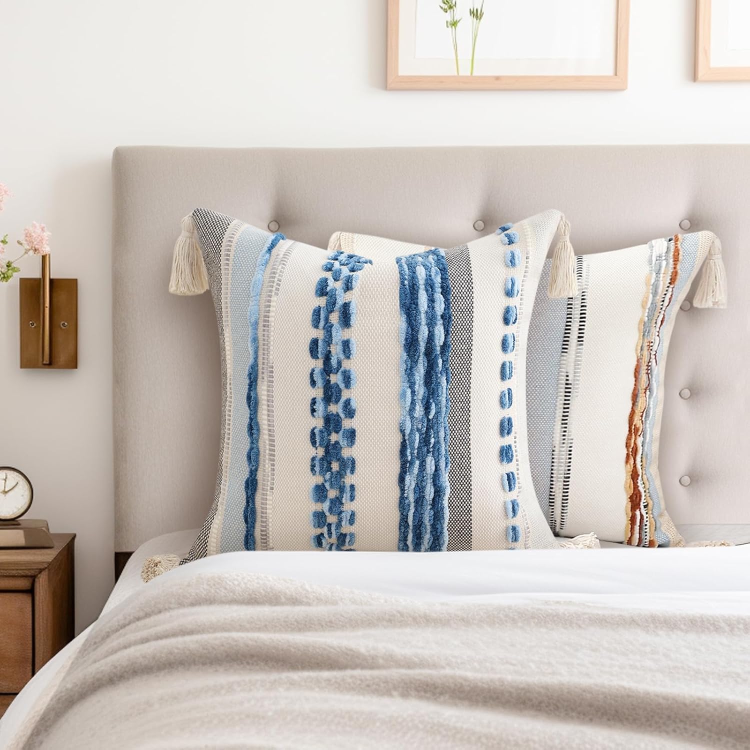 decorUhome Boho Decorative Throw Pillow Covers 18x18 Set of 2, Striped Chenille Tufted Pillow Covers with Tassels for Couch Bed Sofa, Sky Blue