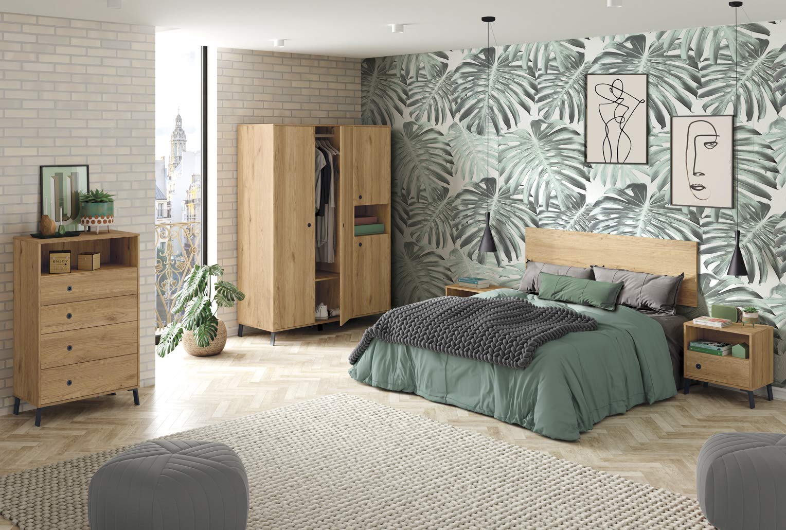 Muebles Pitarch | Armadio da Camera a 4 Ante, 1 Scomparto e 4 Ripiani, Piedini e Maniglie Neri, Rovere , 200x150x55 cm , Industriale, Moderno,