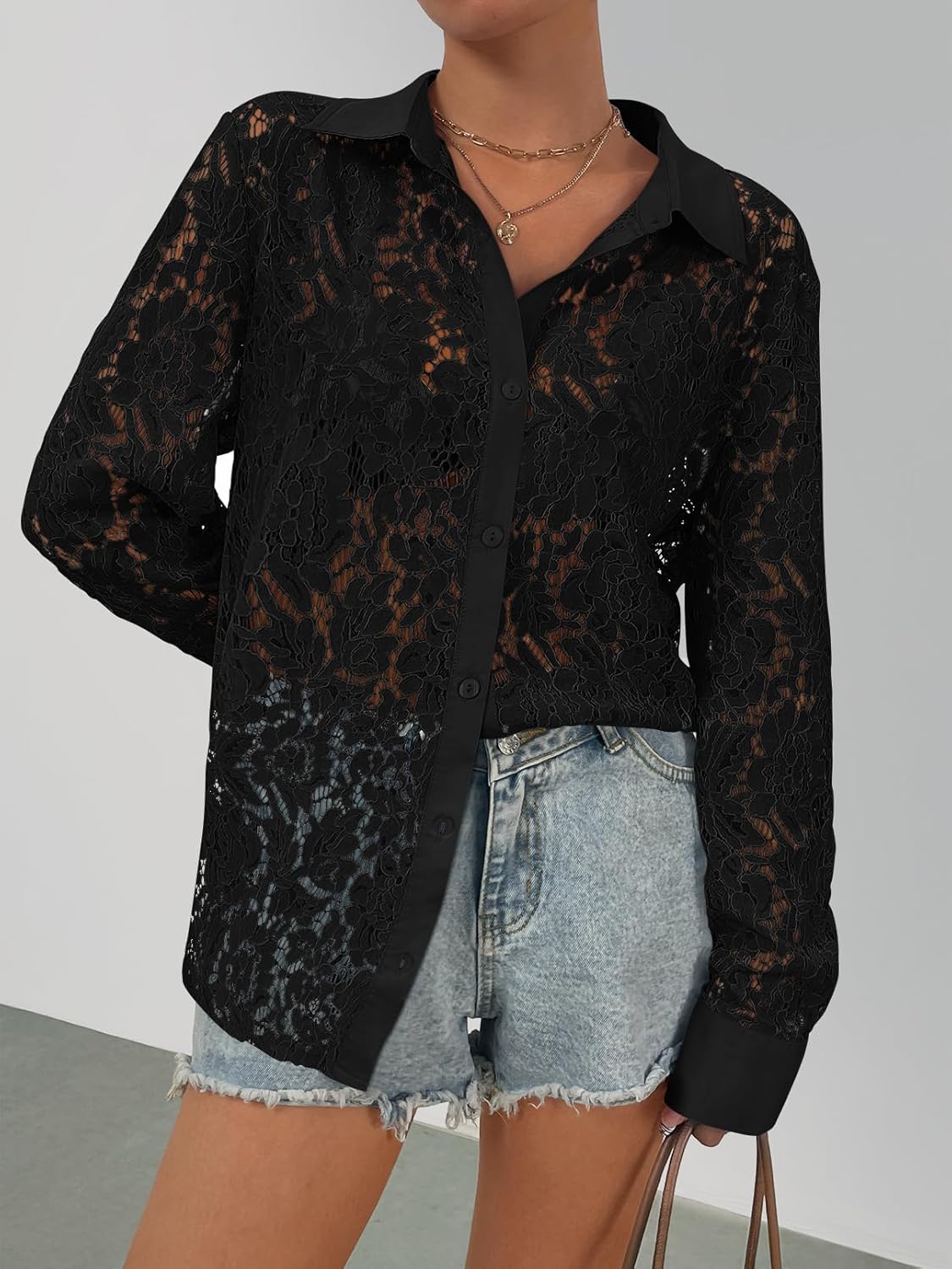 MEROKEETY Women's Lace Long Sleeve Tops Dressy Casual Blouse Button Down Sheer Elegant Summer Shirts - Image 2