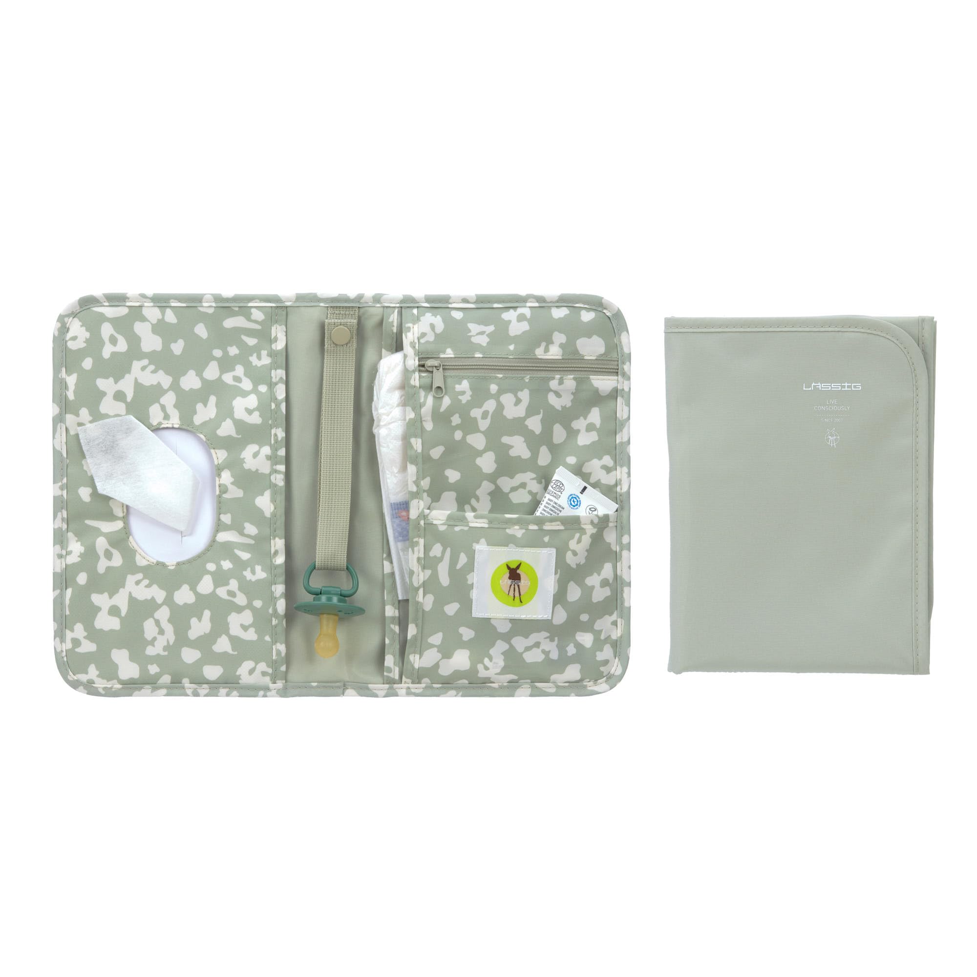 LÄSSIG Baby Sac à couches avec matelas à langer, y compris compartiment pour lingettes humides pour les déplacements/Changing Pouch Leo light khaki