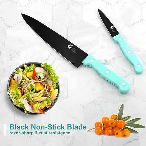 Miniatura 5 de Juego de cuchillos de cocina de 16 piezas con bloque, cuchillos de acero inoxidable de alto carbono, revestimiento antiadherente negro, mango