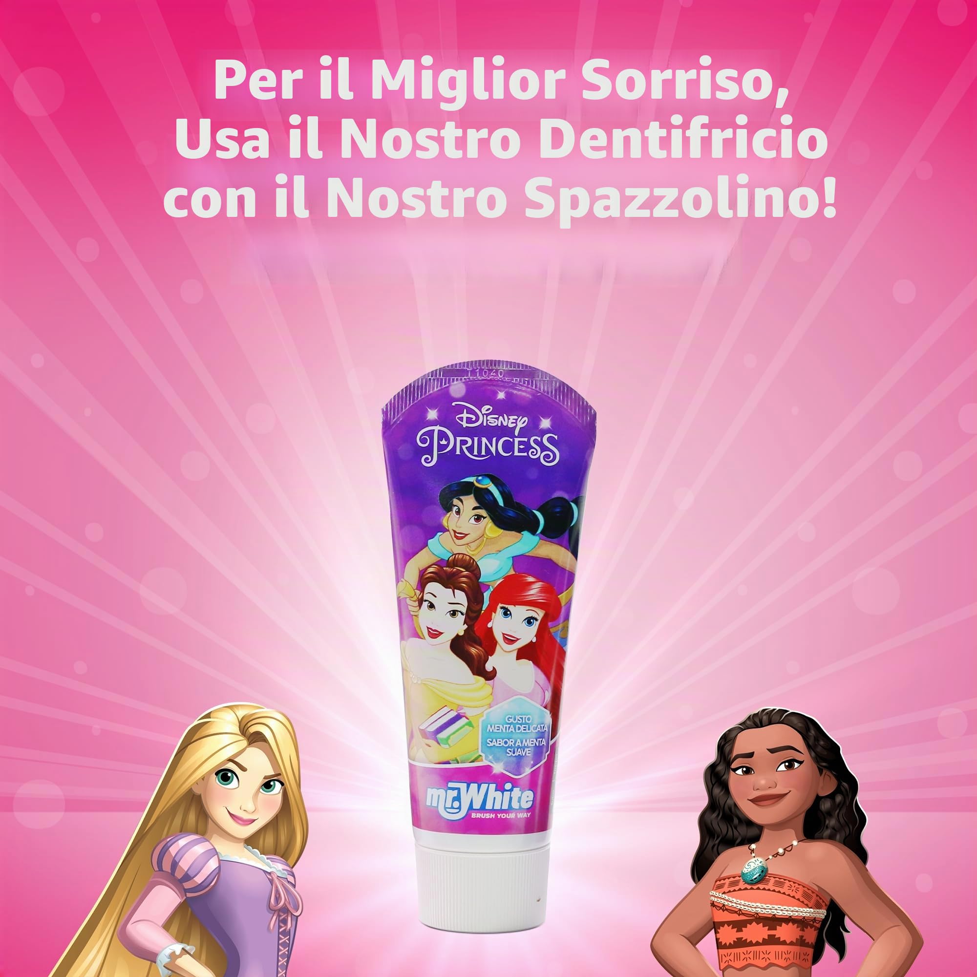 Spazzolino da denti Princess con tappo di protezione, ventosa, manico comodo e setole morbide per bambini