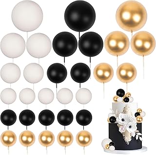 30 PCS Balls Cake Topper DIY Cake Insert Toppers Ball Cake Picks Cupcake Topper for Birthday Party Baby Shower Wedding Cake Decoration(Black Gold White)