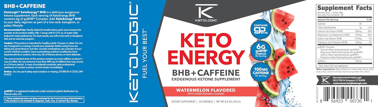 Ketologic KetoEnergy BHB (Watermelon) 30 Servings - BHB + Caffeine Exogenous Ketone Supplement