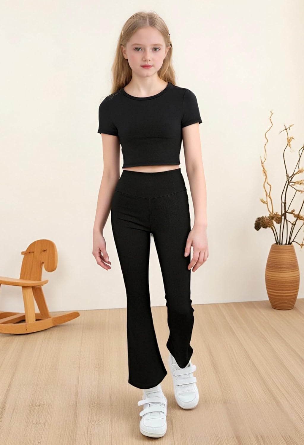 Girl's 3 Packs Short Sleeve T Shirt Flare Leg Pants Set Fitted Matching Clothing Set Yoga for 13-16Y - Image 5