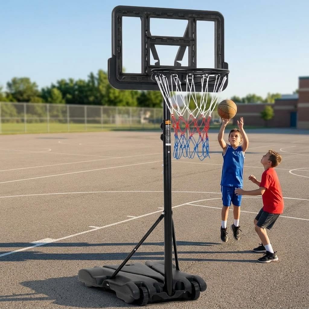 Garvee Aro de baloncesto para niños, portería de baloncesto portátil de altura ajustable de 5 a 7 pies con ruedas y base rellenable, tablero de PC irrompible de 28 pulgadas para patio trasero, entrada, interior y exterior