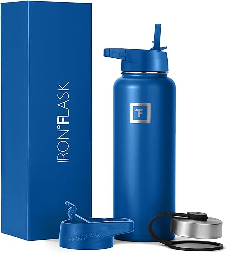 IRON FLASK Botella de agua deportiva de 40 onzas, 3 tapas (tapa con popote), a prueba de fugas, acero inoxidable, para gimnasio y deportes, para