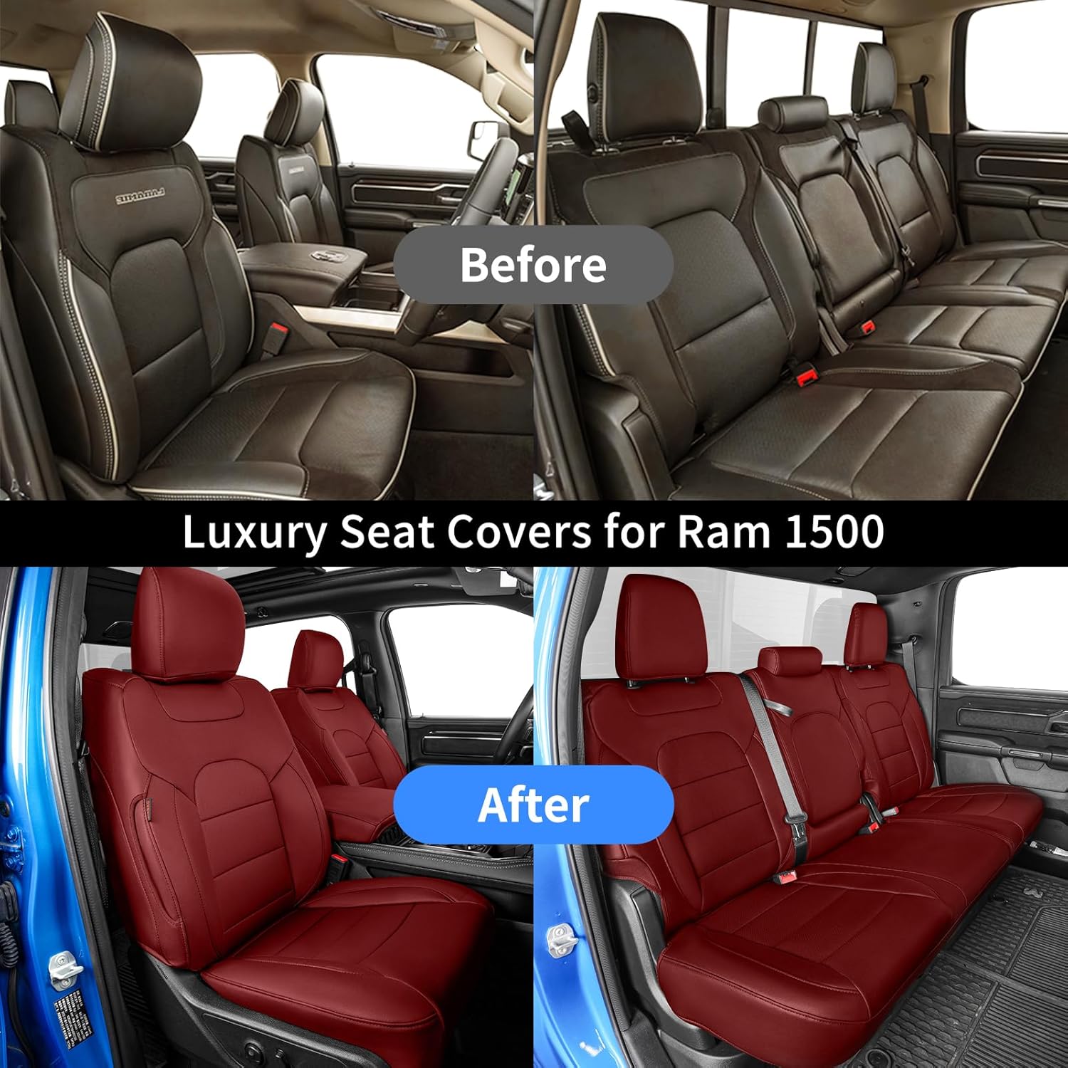 coverdream RAM Seat Covers Full Set for 2012-2026 Ram 2500/3500 CrewCab Bighorn Pickup Seat Cover,Fully Covered,Waterproof,Luxury Truck Leather Seat Protector(Wine Red)