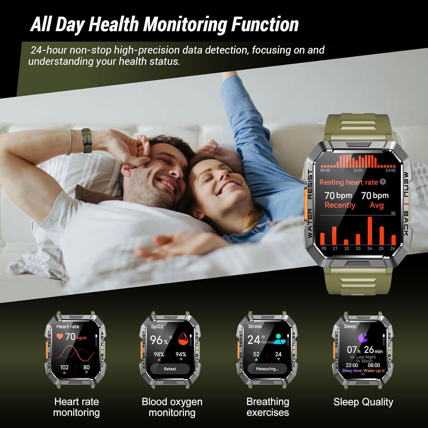 Military Smart Watch for Men (Answer/Make Calls), 2.01'' Smart Watch for Android and iPhone, Fitness Tracker with Flashlight/Compass/100 Days Battery/Heart Rate/Sleep/100+ Sport Modes(2 Straps) - Image 6