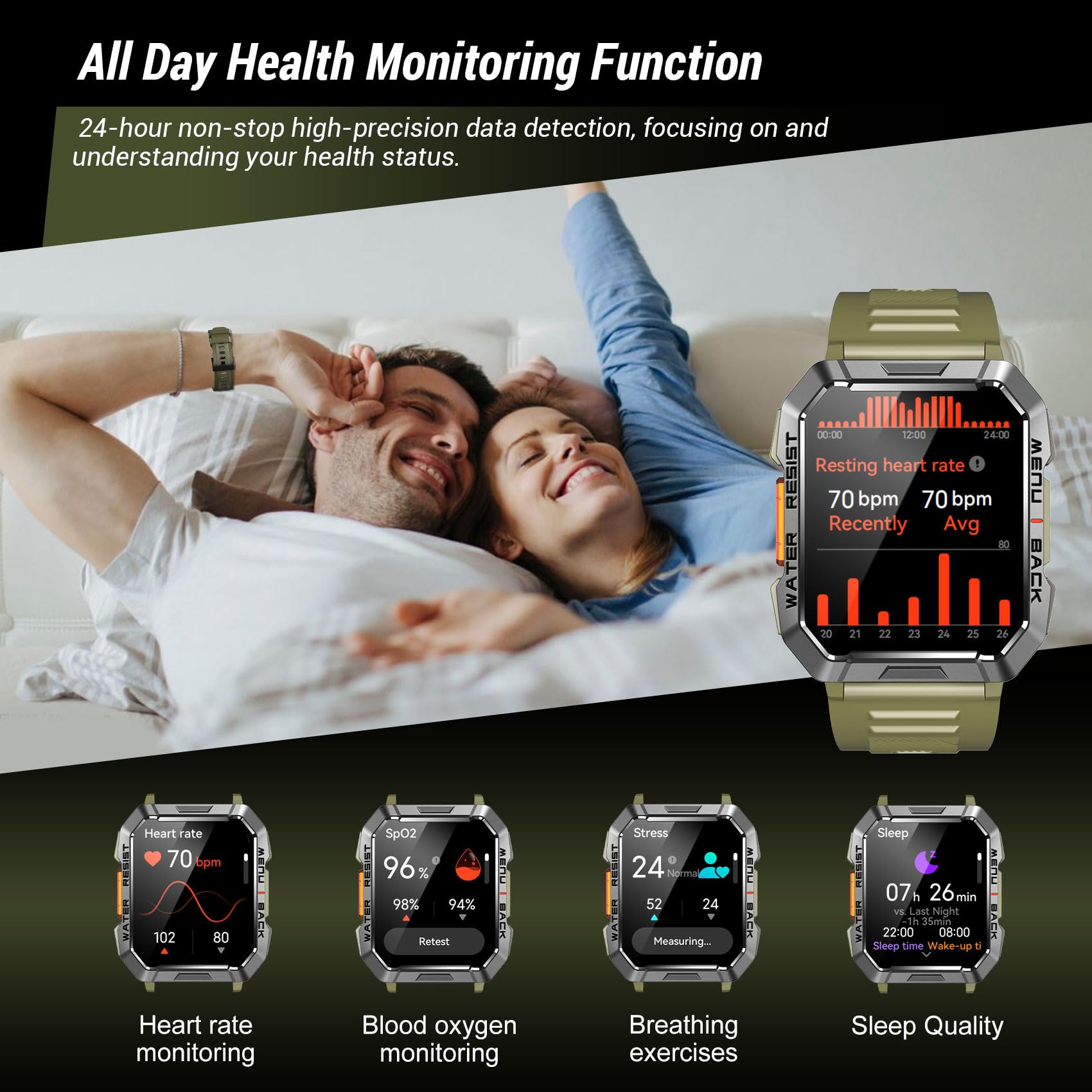 IOWODO SmartWatch Uomo，2.01“ Militari Smart Watch con Torcia/900mAh Batteria/2 Cinturini/Bussola/SpO2/100 Sportive/Cardiofrequenzimetro/Sonno,Orologio Fitness Tracker per iOS/Andriod