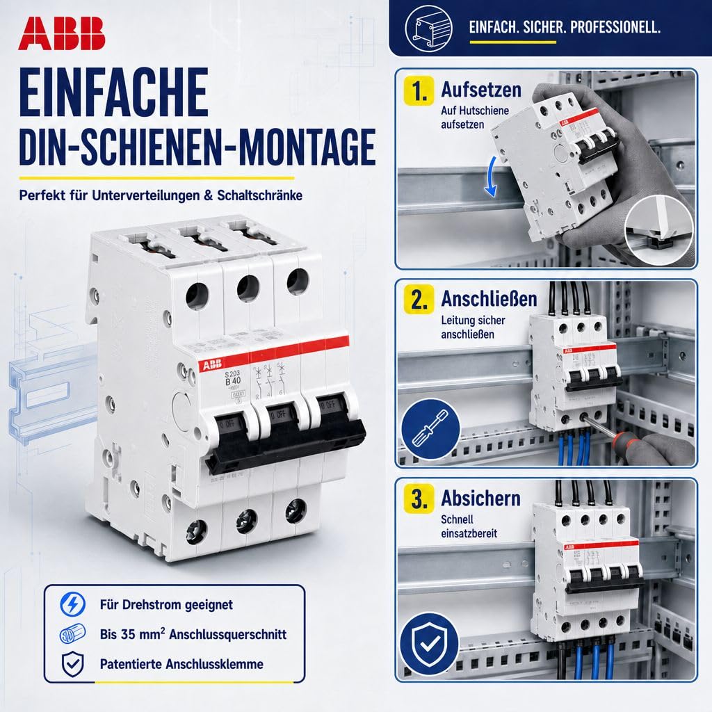 ABB S203-B40 Leitungsschutzschalter 3-polig 40A B-Charakteristik, LS-Schalter 6kA Sicherungsautomat für Drehstrom, Automaten Sicherung für Hutschiene, System pro M compact, 2CDS253001R0405