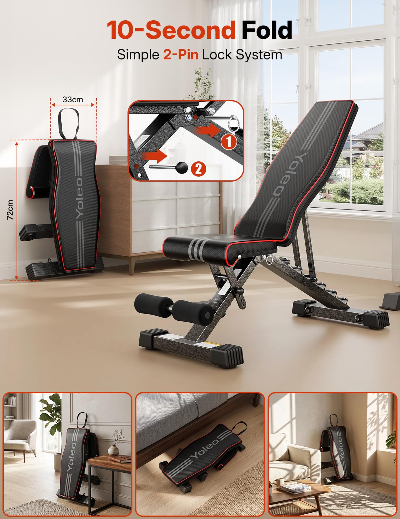 YOLEO klappbare Hantelbank Multifunktion Training Fitness Bank Bauchtrainer Schrägbank mit 6-Fach Verstellbarer Rückenlehne/3-Fach verstellbarer Sitzkissen,Belastung 300kg