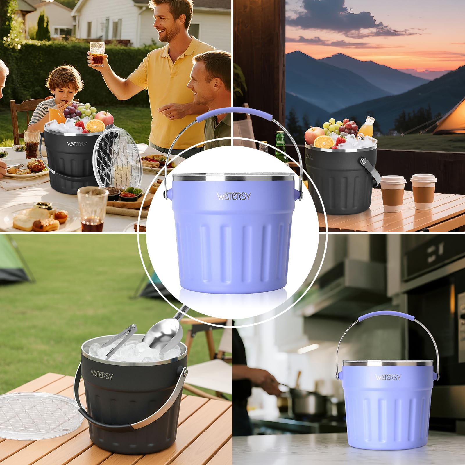 WATERSY de 7.6 L Cubitera con Tapa y Asa, Cubitera para Hielo Reutilizable Acero Inoxidable de Doble con Pinzas y Pala, para Cócteles, Whisky, Cerveza, Bares (Morado)